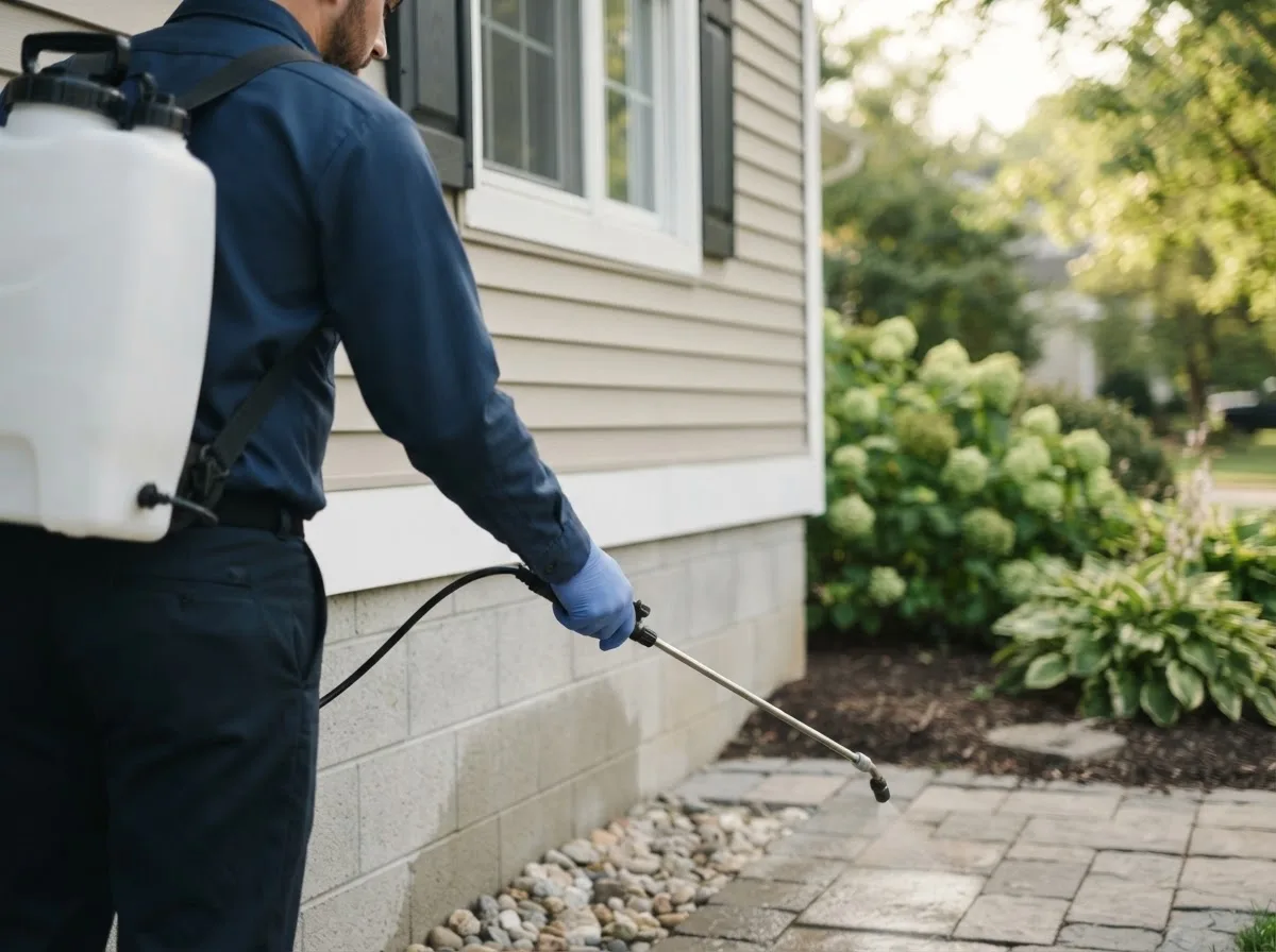 Pest control technician inspecting a home in Piseco, NY